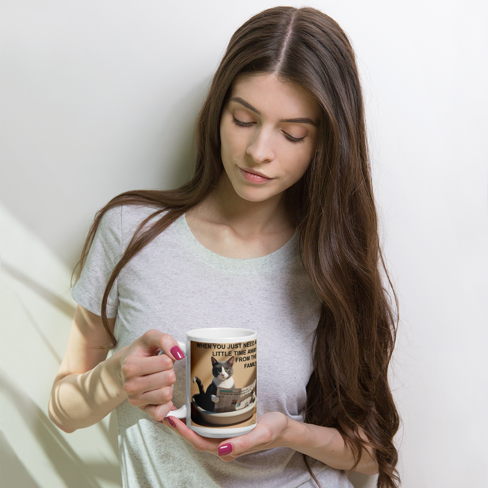 Woman holding a mug with a cat design and text, against a plain background - 15 oz