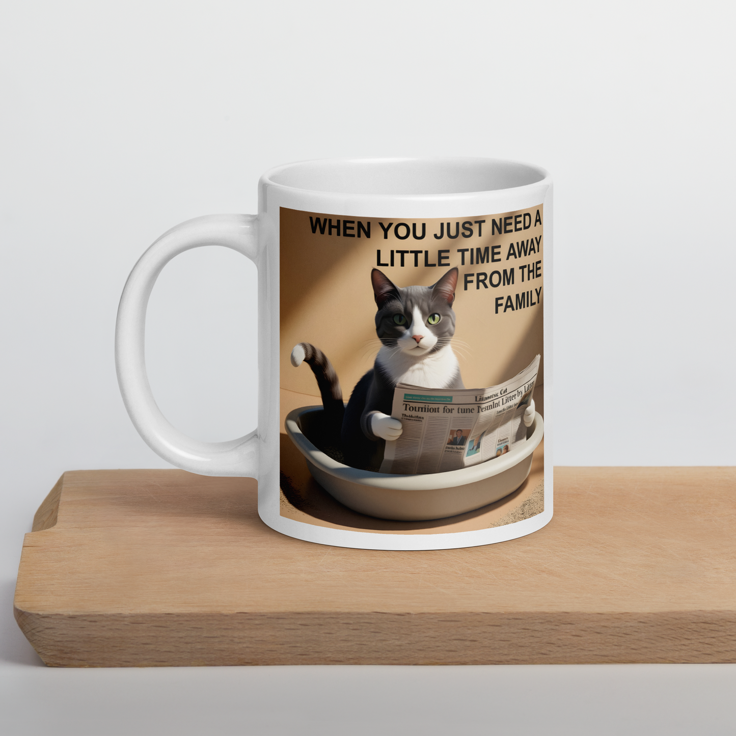 Mug with a cat graphic and text on a wooden surface - 20 oz
