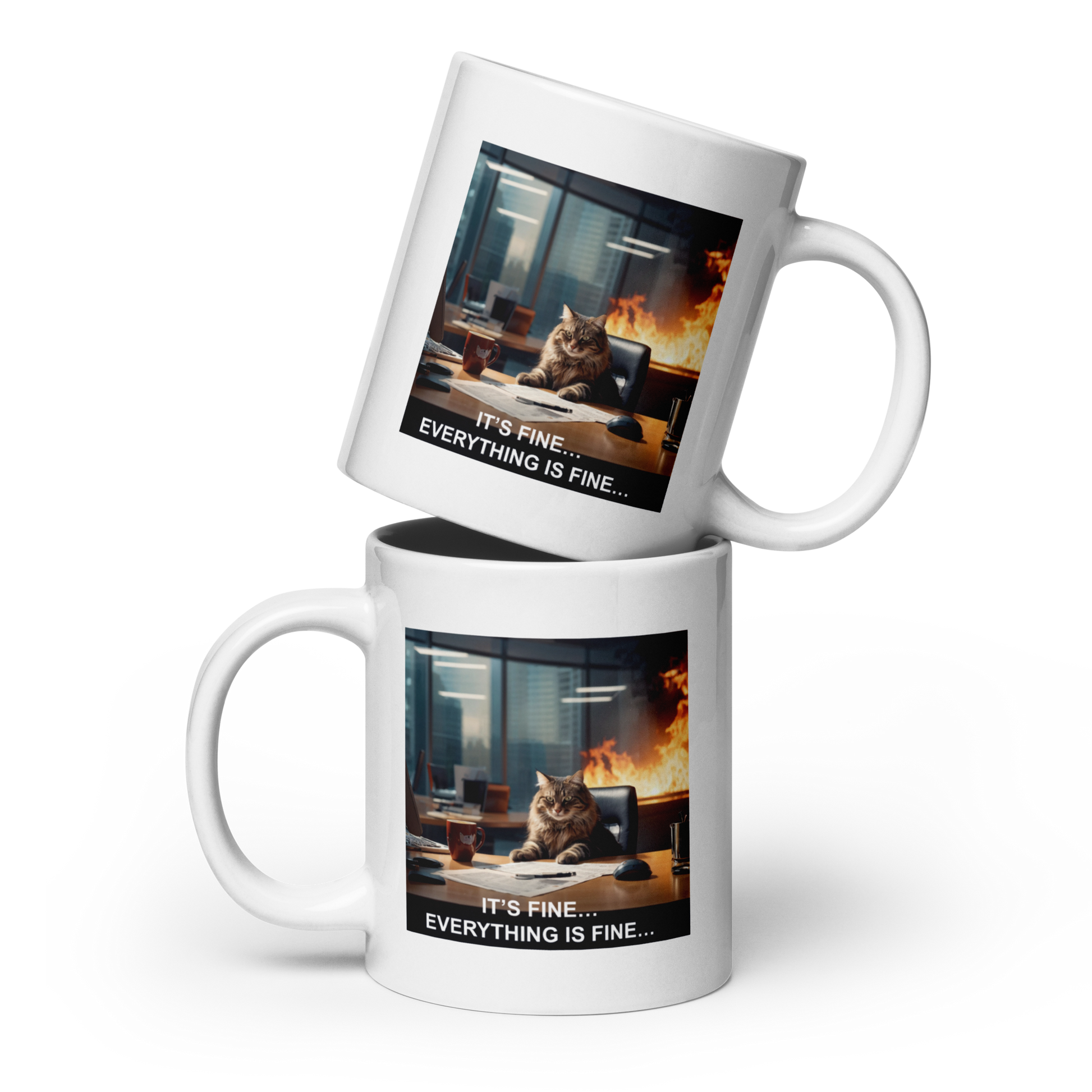 Two white mugs with a printed design of a cat in an office with text 'It's fine, everything is fine. - 20 oz