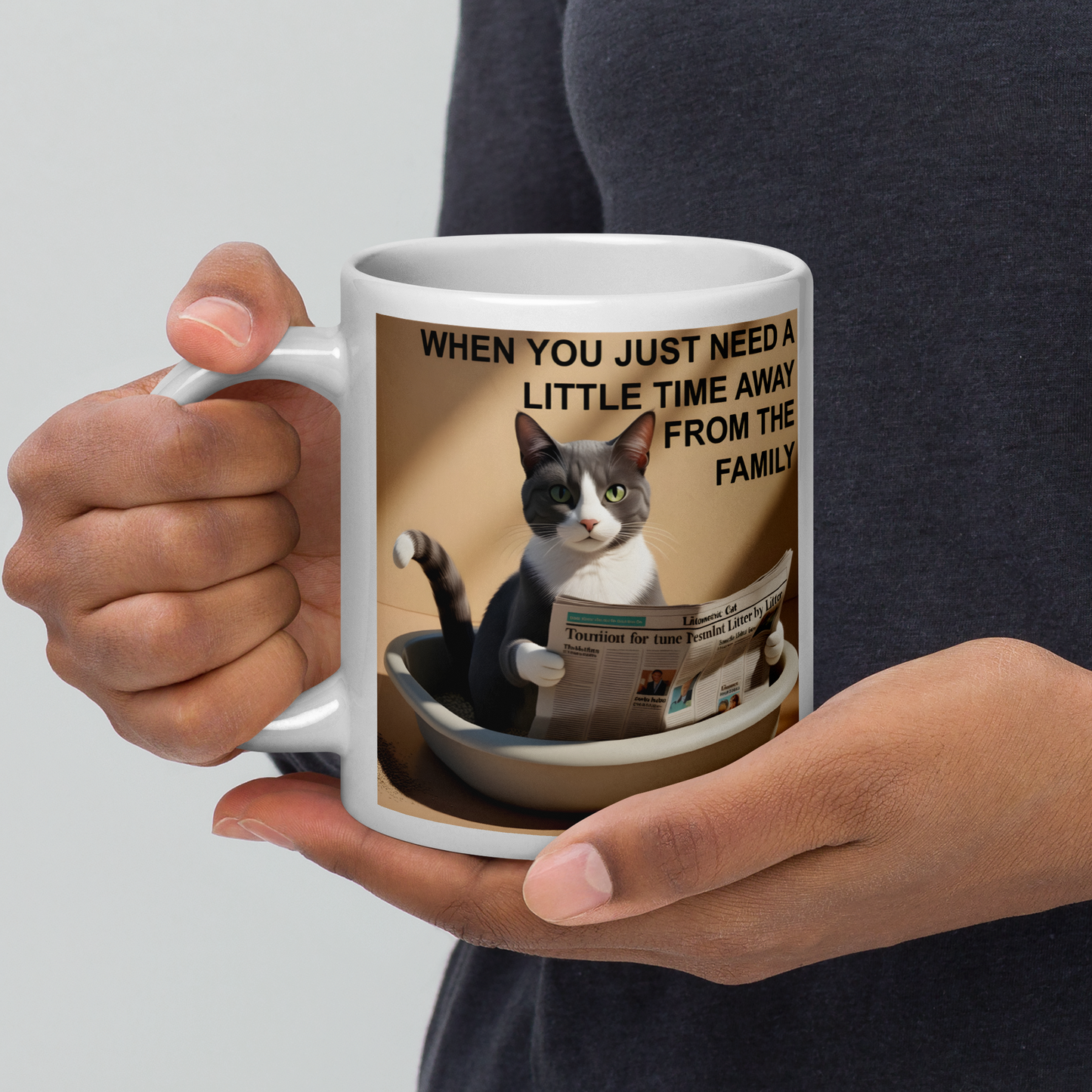 Person holding a mug with a cat design and text on a plain background - 20 oz